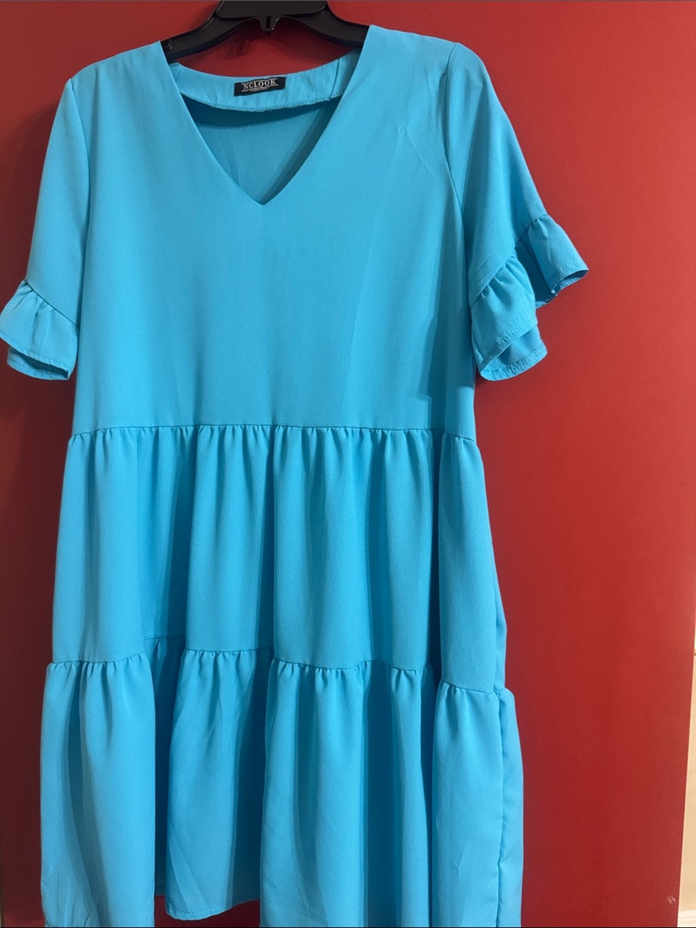 Girls' V-Neck Tiered Dress in Turquoise